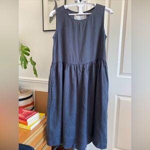 notPERFECTLINEN • Midi Smock Loose Charcoal Blue Linen Dress Size Medium